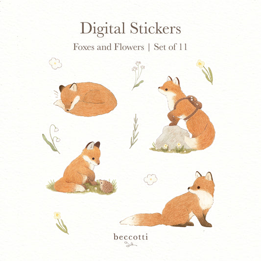 Foxes and Flowers Cottagecore Digital Stickers (Digital Download)